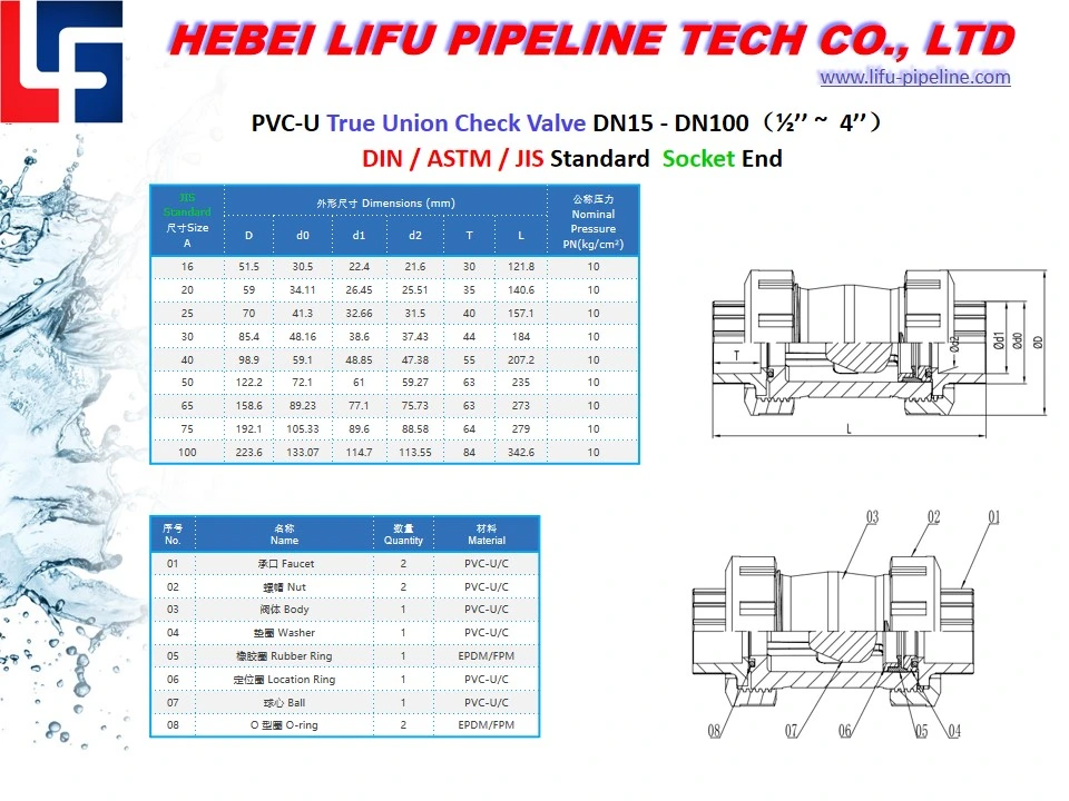 High Quality Plastic Check Valve PVC True Union Female Thread Check Valve PVC Double Union Flanged End Connection Check Valve UPVC Swing Check Valve