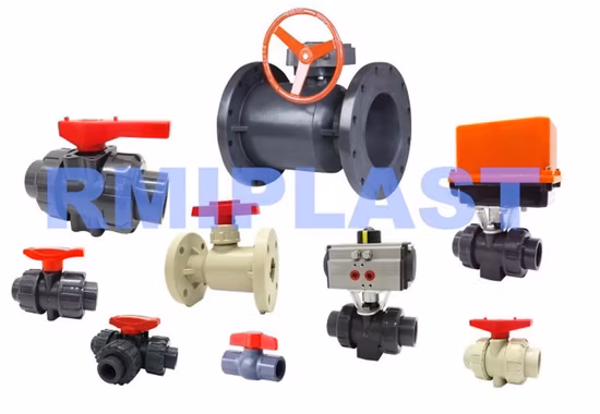 Plastica PVC PVDF PP Pph CPVC UPVC Leva manuale Ruota dentata Valvola a membrana a stramazzo Valvola a farfalla/Flangia Valvola a sfera con unione vera/Valvola di ritegno a battente elettrica pneumatica